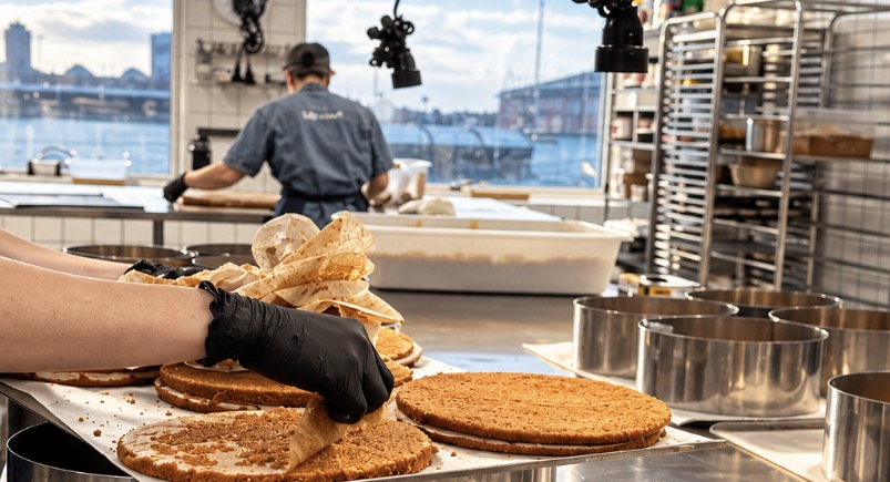 Produktionskök med bakverk och utsikt över vattnet