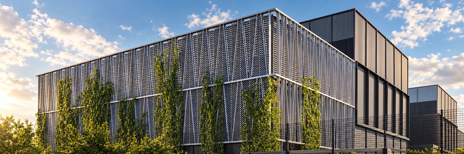 Datacenterbyggnad med fasad av silvergrå metallgaller, sedd bakom ett stängsel och träd