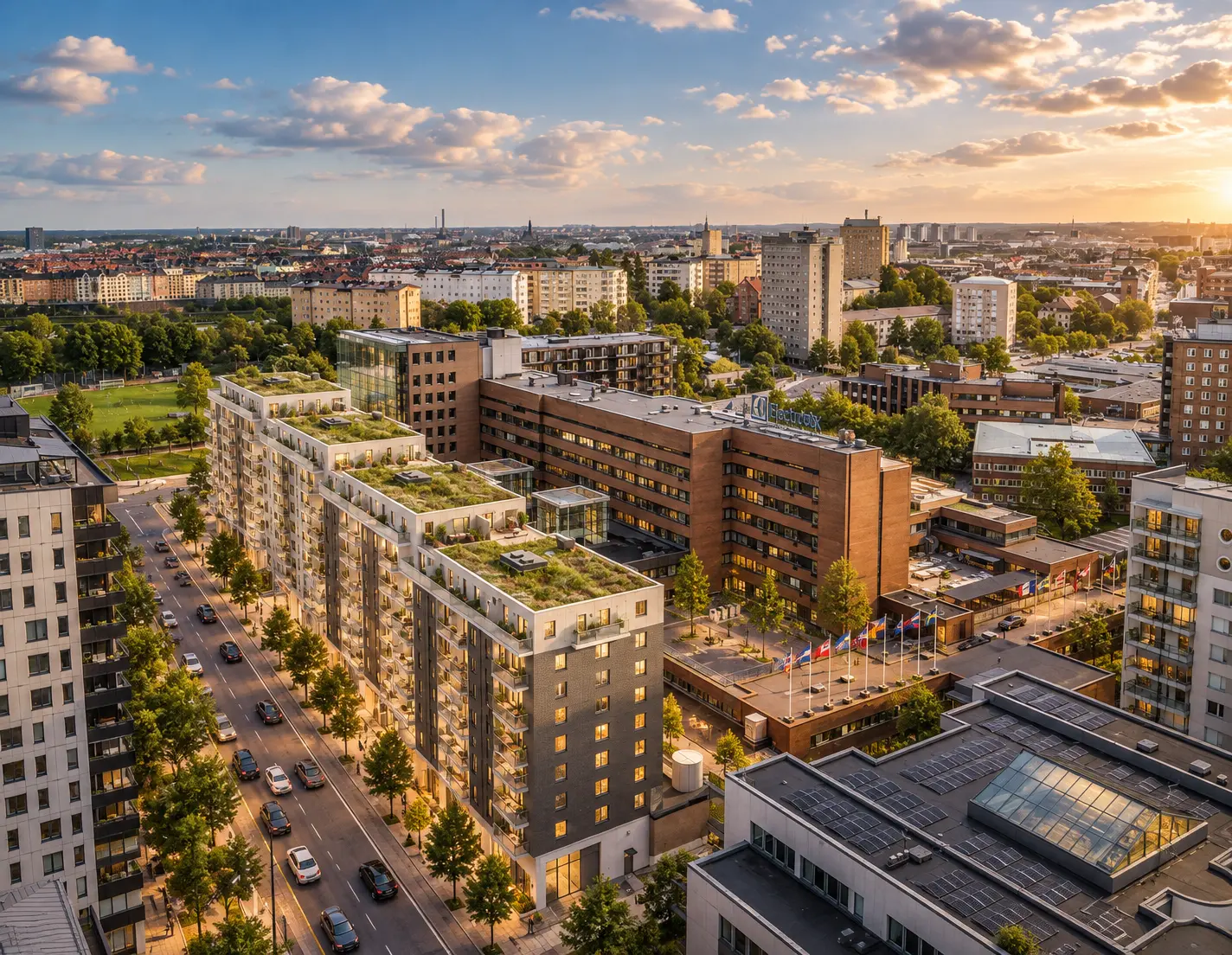 Kellhagen från ovan, bostadskvarter med gröna tak och gårdsrum
