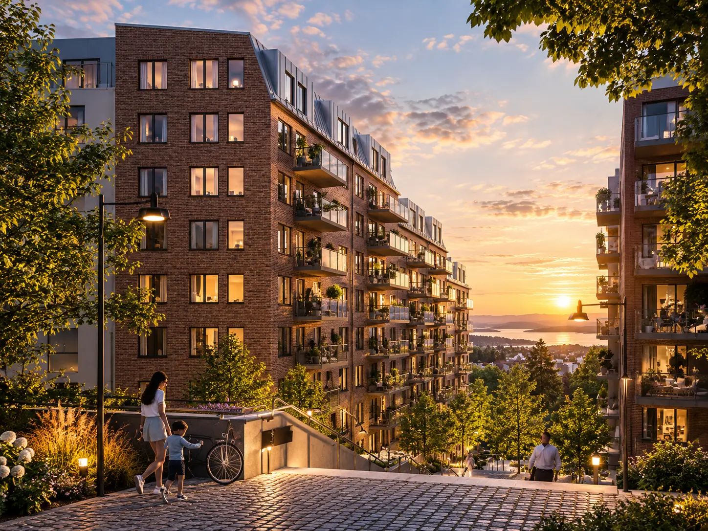Visualisering av bostadshus i tegel med balkonger och utsikt mot vattnet