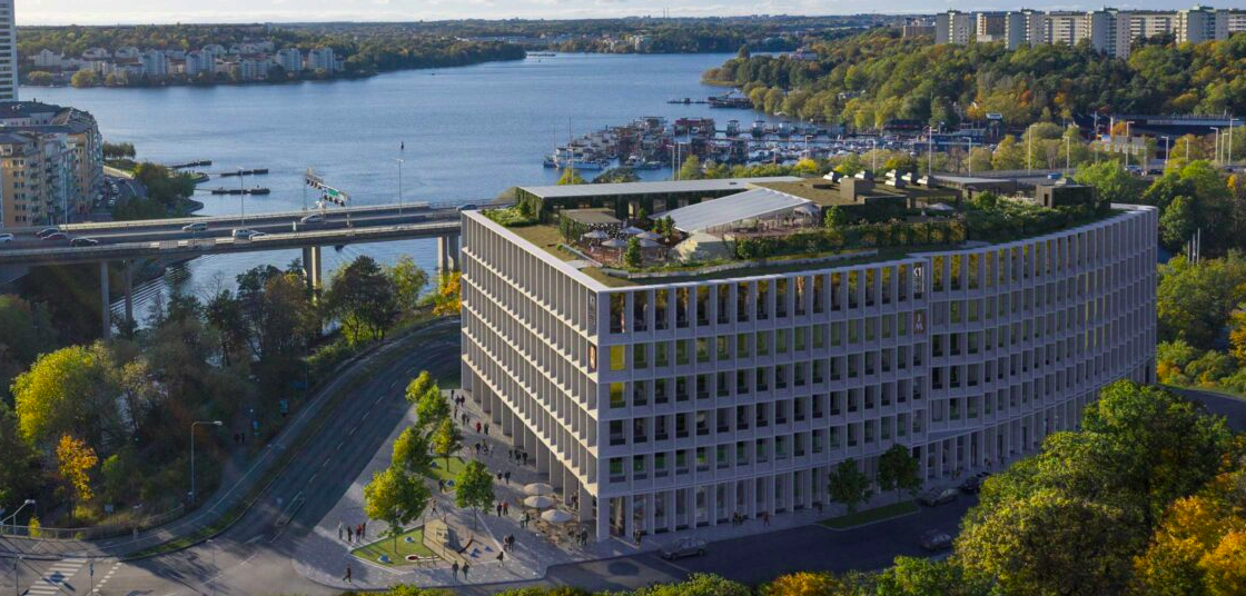 K1 Karlbergs strand i Solna, visualisering från luften med takterrass
